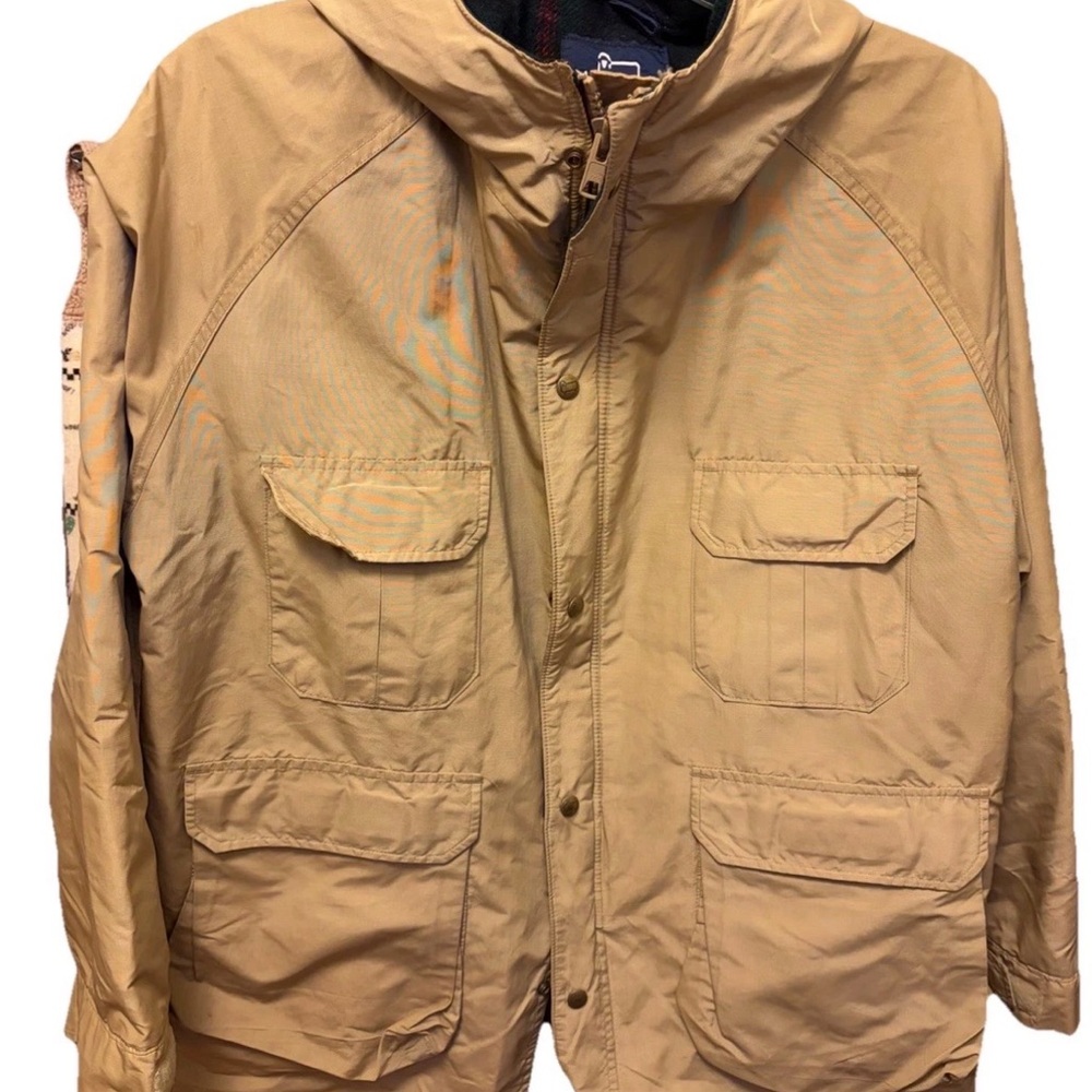 Vintage Woolrich Mountain Parka Jacket Men XL Tan Wool Plaid Flannel Lined USA